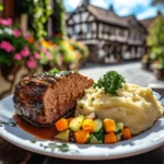 A plated German meatloaf served with mashed potatoes and sautéed vegetables, set outdoors with half-timbered houses along the Romantic Road in the background.