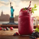 Chilled berry smoothie in a mason jar garnished with mint and berries, with the Statue of Liberty and New York skyline in the background at sunset.
