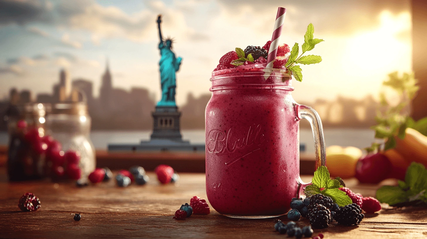 Chilled berry smoothie in a mason jar garnished with mint and berries, with the Statue of Liberty and New York skyline in the background at sunset.